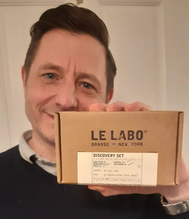 Andrew holding Le Labo discovery set