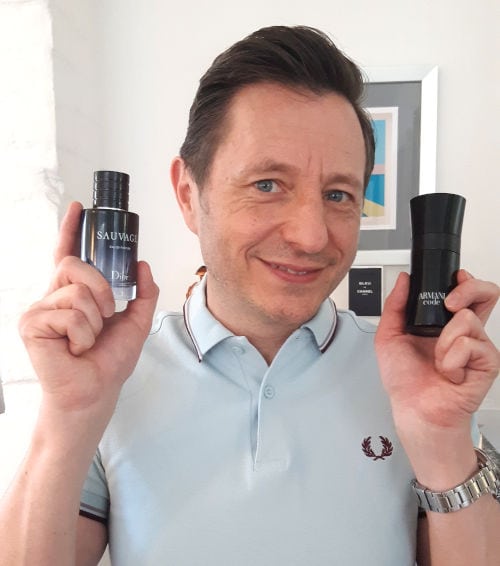 Andrew with Dior Sauvage vs Armani Code bottles