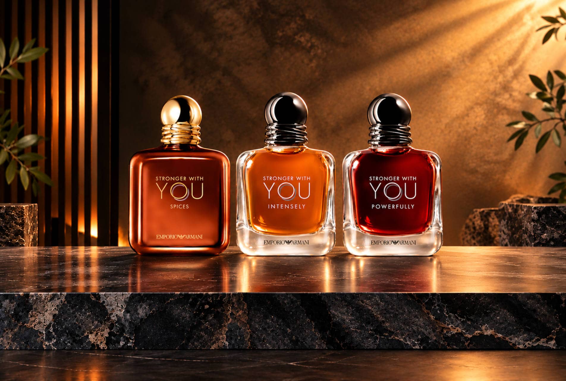 Armani Stronger With You Spices, Intensely and Powerfully fragrances on a tabletop