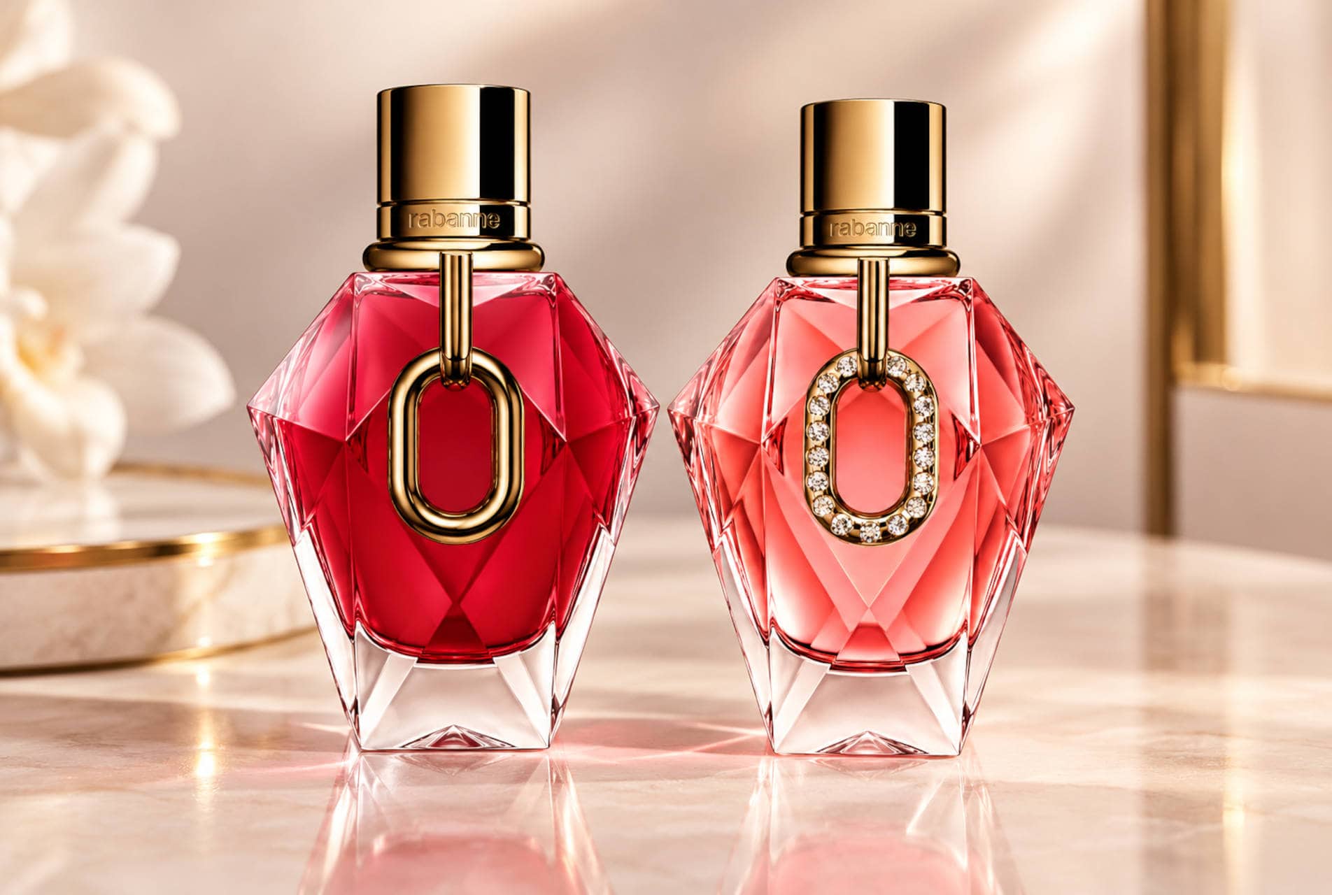 Rabanne Million Red for Her and Million Gold for Her Pure Diamonds 2026 perfume bottles displayed side by side.
